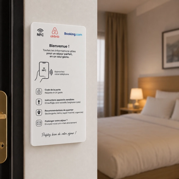 Plaque NFC pour location Airbnb et Booking.com installée à l’entrée d’un logement, avec accès aux informations du séjour, code de porte, équipements et bonnes adresses.