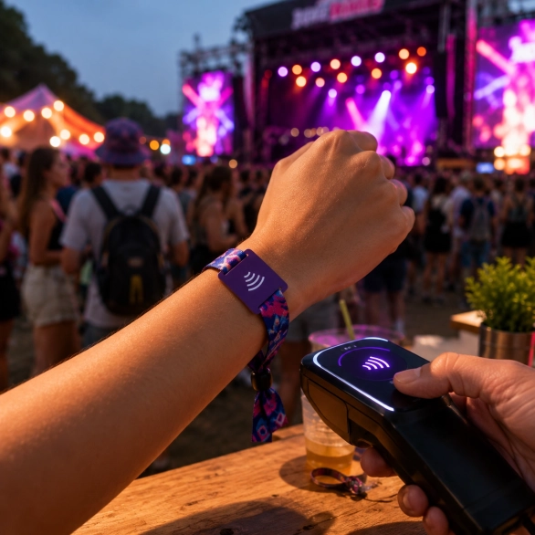 Bracelet NFC multifonction porté lors d’un festival de musique, utilisé pour l’accès et les paiements sans contact.