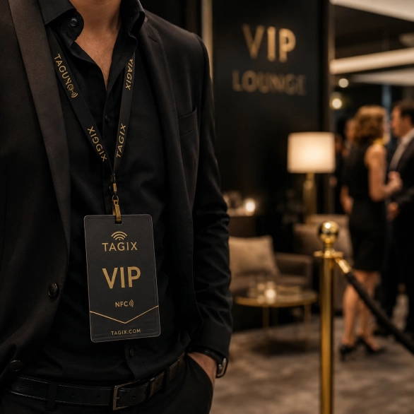 Badge VIP NFC TAGIX porté lors d’un événement haut de gamme, donnant accès à un espace privatif.