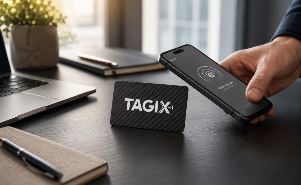 Carte NFC PVC carbone TAGIX posée sur un bureau sombre et scannée avec un smartphone.