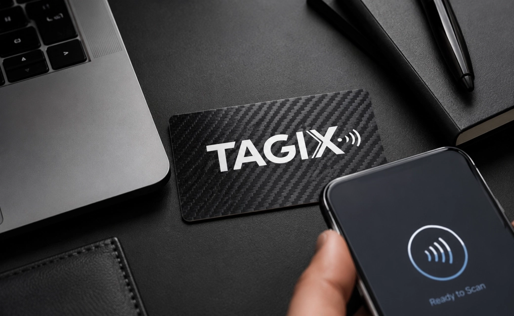 Carte NFC PVC carbone TAGIX sur un bureau noir premium avec smartphone prêt pour un scan sans contact.