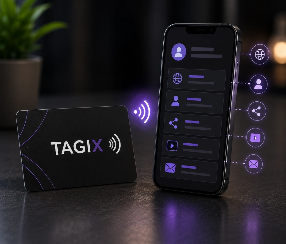 Carte NFC TAGIX connectée à une destination digitale sur smartphone, avec accès aux liens web, coordonnées, réseaux sociaux, vidéos et e-mails.
