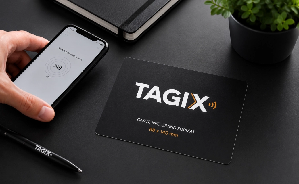 Carte NFC PVC grand format TAGIX 88 x 140 mm vue de dessus sur un espace de travail professionnel avec smartphone NFC.