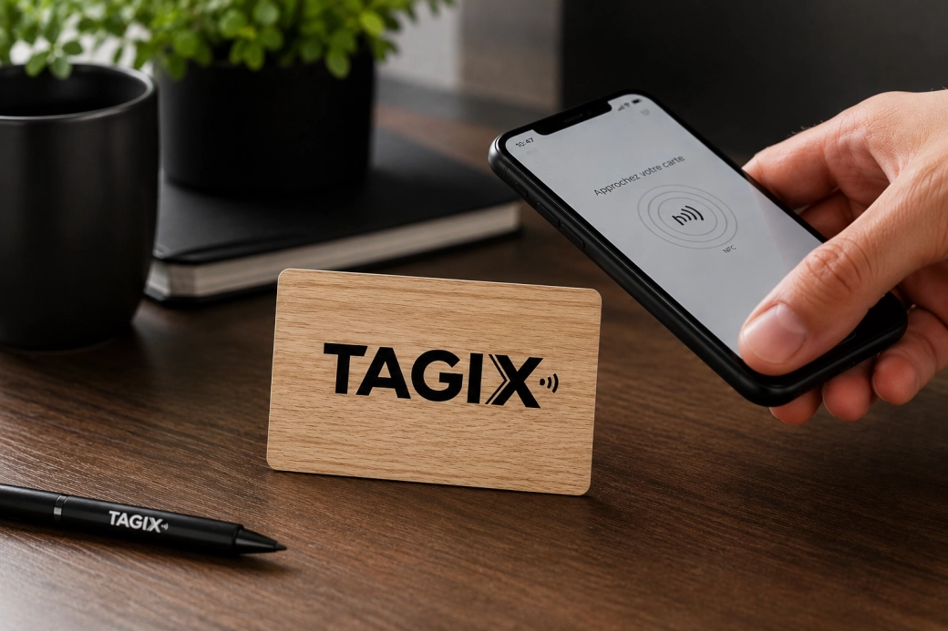 Carte NFC PVC imitation bois TAGIX posée sur un bureau et scannée avec un smartphone.