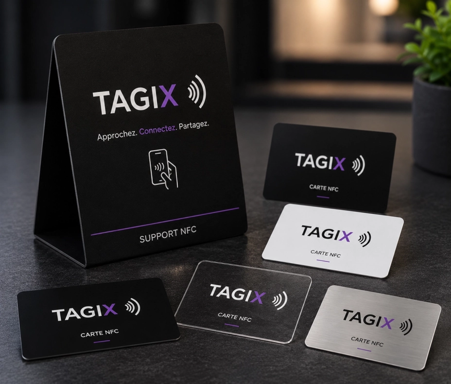 Support NFC TAGIX noir présenté avec plusieurs cartes NFC personnalisables en finition noire, blanche, transparente et métal.