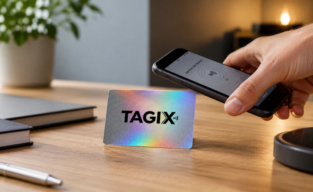 Carte NFC PVC dichroïque TAGIX posée sur un bureau et scannée avec un smartphone.