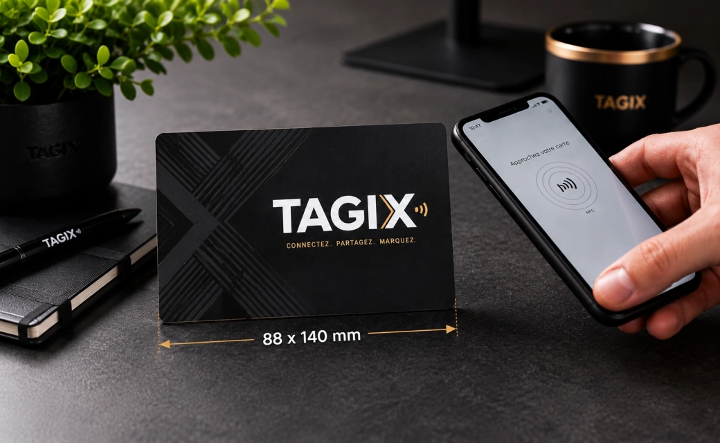 Carte NFC PVC grand format TAGIX 88 x 140 mm posée sur un bureau sombre et utilisée avec un smartphone