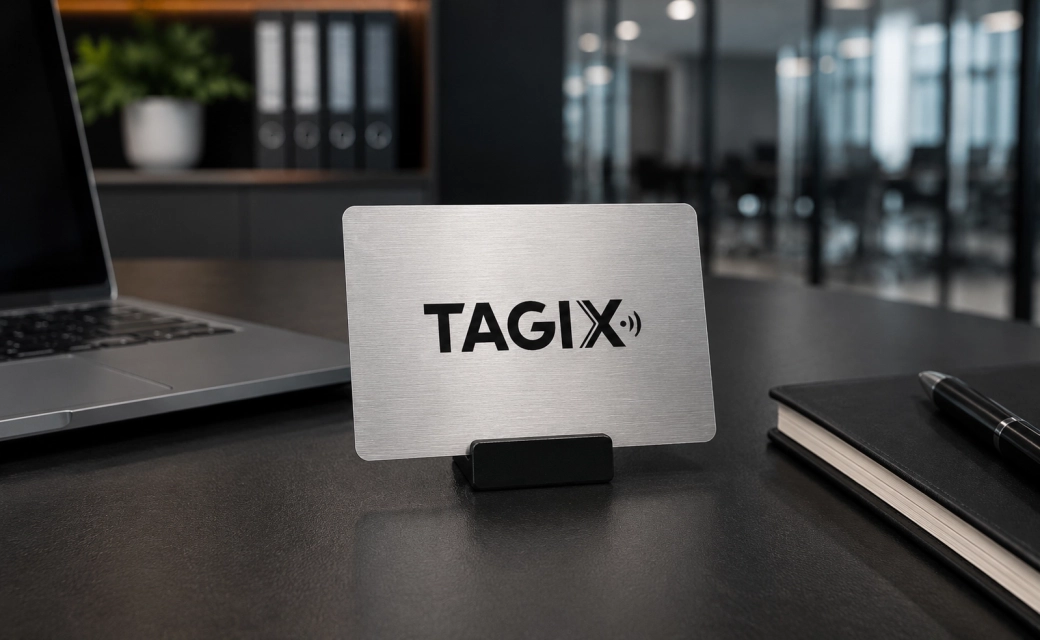 Carte NFC métal argent TAGIX posée sur un bureau noir dans un espace professionnel contemporain.