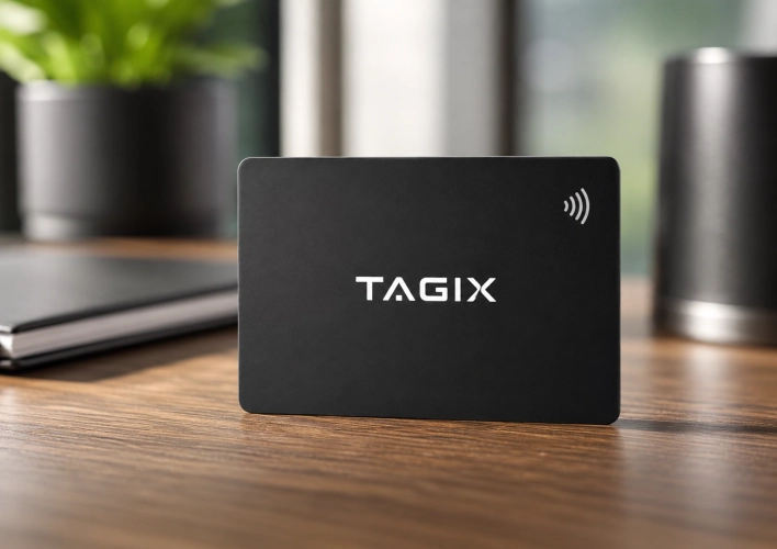 Carte NFC TAGIX noire posée sur un bureau en bois, dans un environnement professionnel épuré.