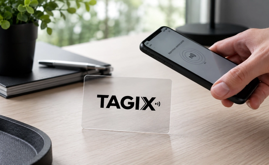 Carte NFC PVC transparente TAGIX sur un bureau lumineux, scannée avec un smartphone