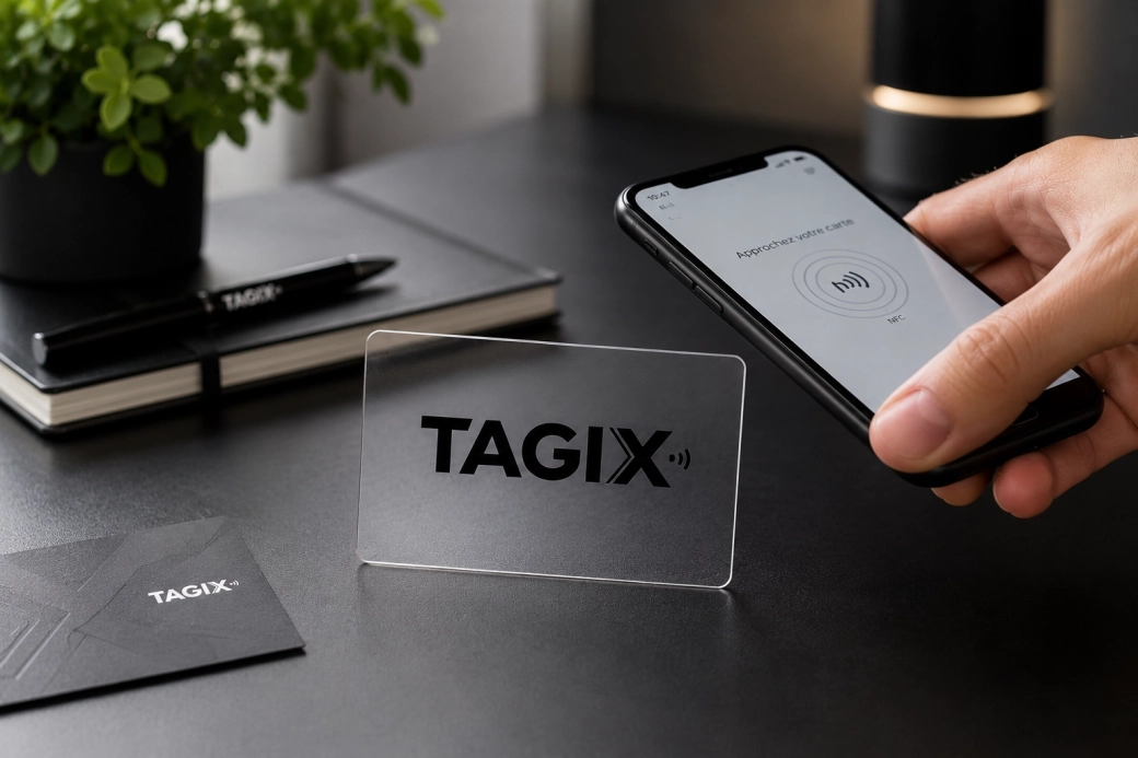 Carte NFC PVC transparente TAGIX dans un environnement professionnel moderne, utilisée avec un smartphone sans contact.