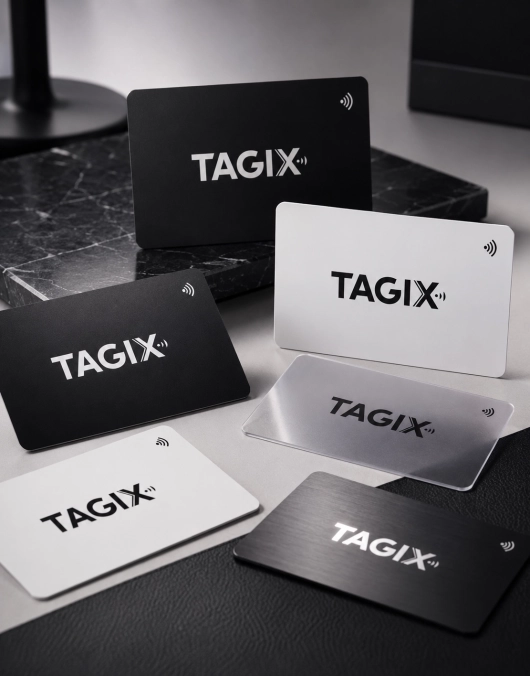 Collection de cartes NFC TAGIX noires, blanches et transparentes présentées sur une surface premium.