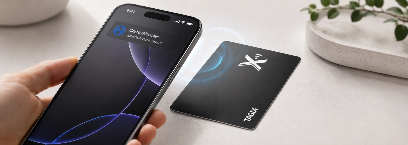 iPhone détectant une carte de visite NFC Tagix par simple rapprochement