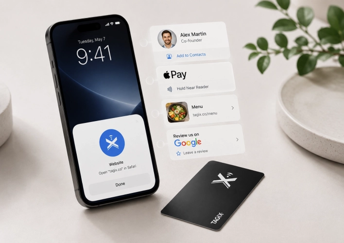 iPhone et carte NFC Tagix illustrant les différents usages du sans contact