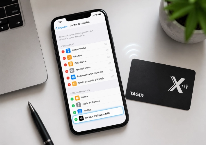 iPhone affichant le lecteur d’étiquette NFC dans les réglages du Centre de contrôle