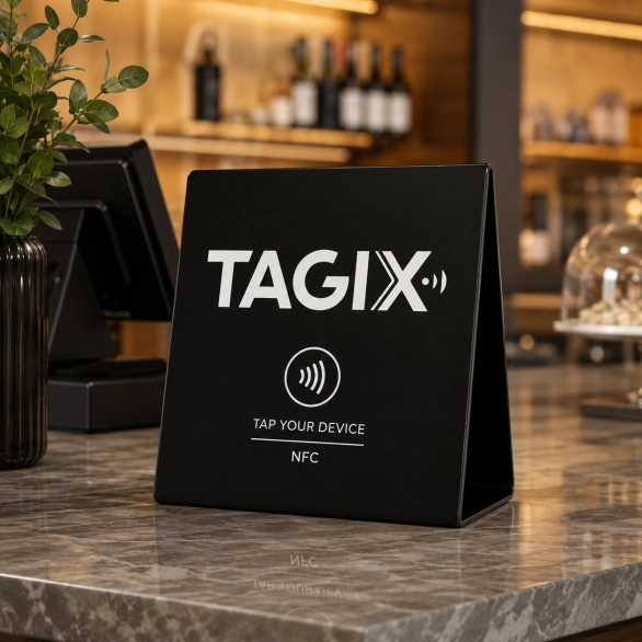 Chevalet NFC noir TAGIX avec logo blanc, posé sur le comptoir d’un restaurant moderne.