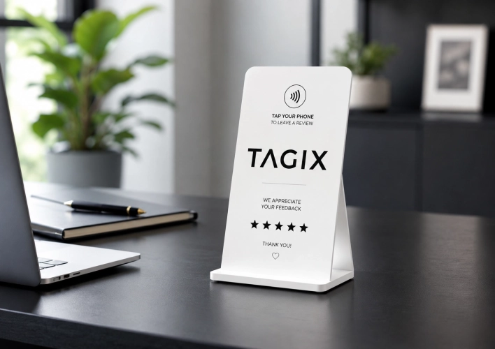 Chevalet NFC TAGIX blanc pour recueillir les avis clients, posé sur un bureau moderne avec ordinateur portable.