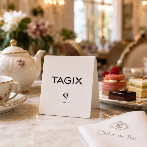 Petit chevalet NFC blanc TAGIX posé sur une table de salon de thé avec théière, tasse et pâtisseries.