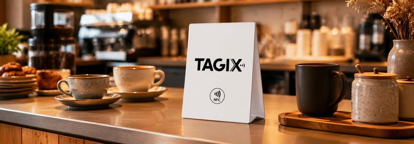 Chevalet NFC TAGIX posé sur le comptoir d’un café, entouré de tasses dans une ambiance chaleureuse et conviviale
