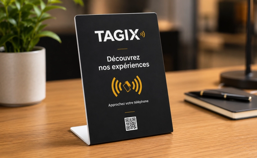 Chevalet NFC TAGIX noir grand format avec QR code, posé sur un bureau en bois dans un environnement professionnel.