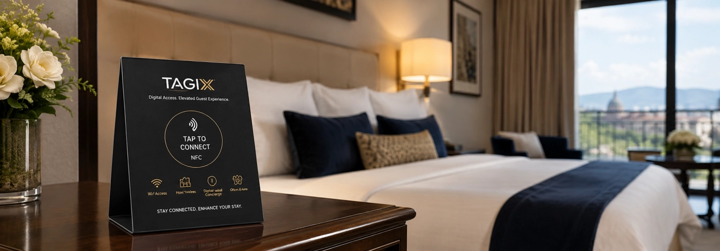 Chevalet NFC TAGIX posé sur une table de chevet dans une chambre d’hôtel moderne, avec accès aux services et informations du séjour.