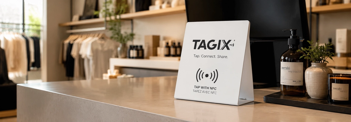 Chevalet NFC TAGIX posé sur un comptoir dans un commerce moderne, avec environnement de boutique en arrière-plan.