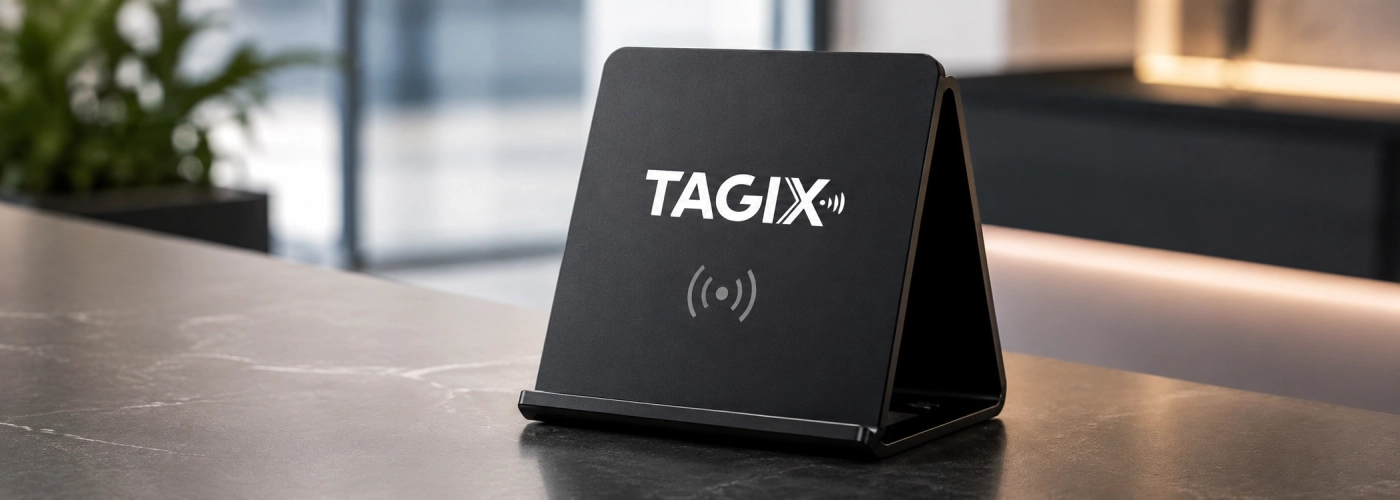 Support NFC TAGIX noir posé sur un comptoir moderne, permettant d’accéder instantanément à une destination digitale avec un smartphone.