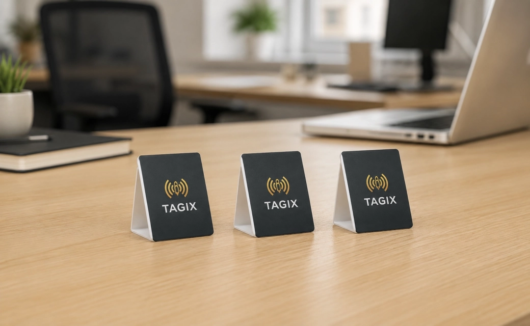 Trois mini chevalets NFC TAGIX 43 x 54 mm noirs et blancs alignés sur un bureau moderne.