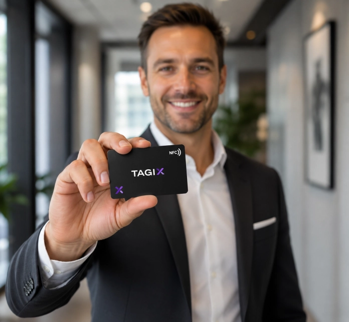Commercial présentant une carte NFC TAGIX noire dans un environnement professionnel moderne.