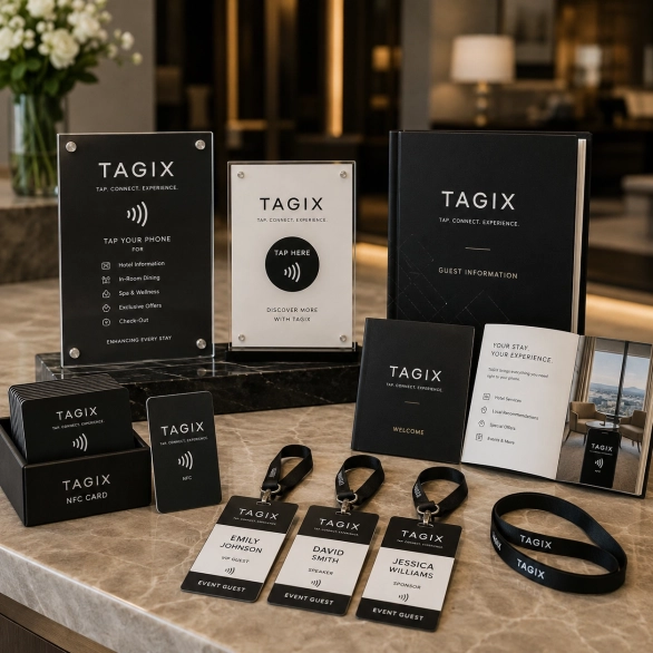Carte NFC TAGIX noire avec logo blanc et violet, présentée en gros plan dans un décor premium.