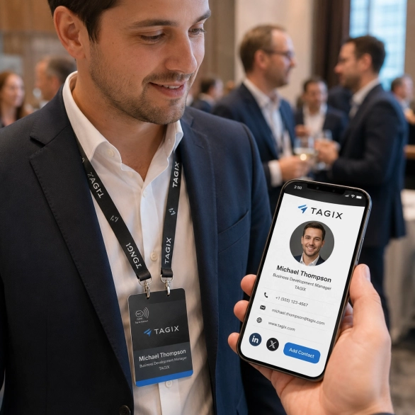 Badge NFC TAGIX porté lors d’un événement d’entreprise, avec smartphone affichant la vCard digitale pré-remplie du participant.