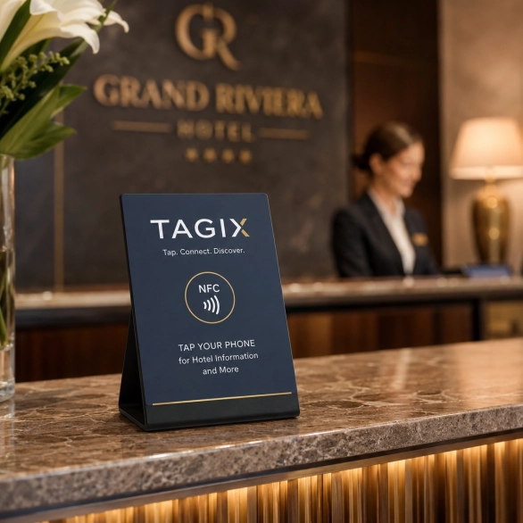 chevalet tagix noir sur un comptoir d'hotel