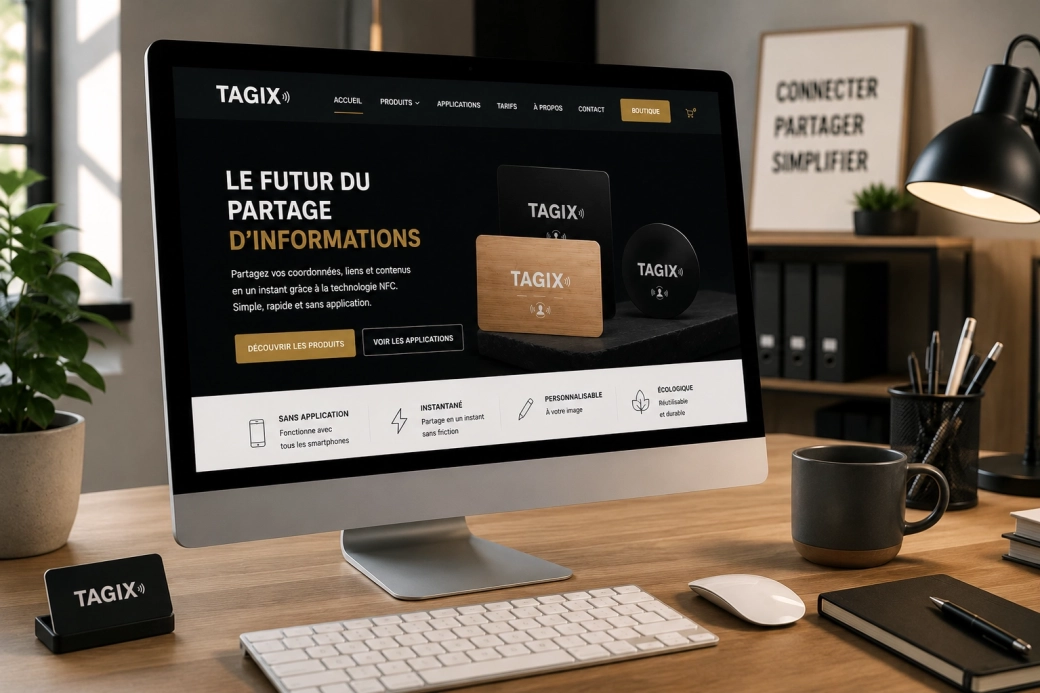 Ordinateur portable affichant le site internet TAGIX dans un bureau moderne avec supports NFC et accessoires professionnels