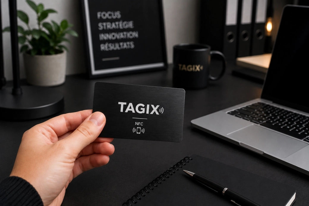 Carte NFC métal noir TAGIX posée sur un support dans un bureau haut de gamme avec ordinateur et mobilier contemporain