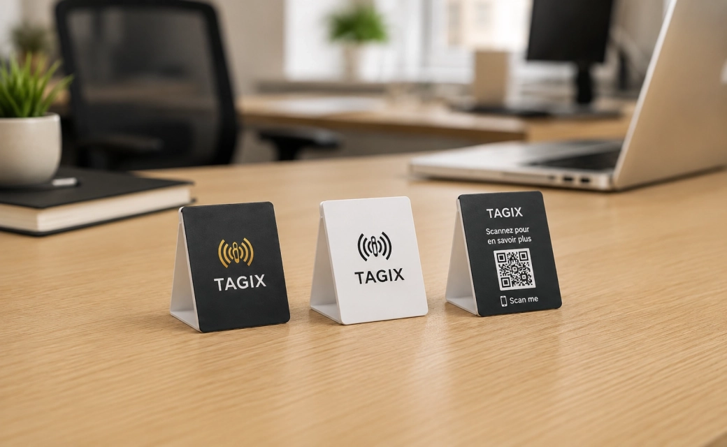 Trois mini chevalets TAGIX 43 x 54 mm sur un bureau, avec version noire, version blanche et chevalet avec QR code.