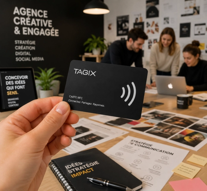 Carte NFC TAGIX tenue à la main dans une agence de communication, avec équipe créative et supports de stratégie digitale en arrière-plan.