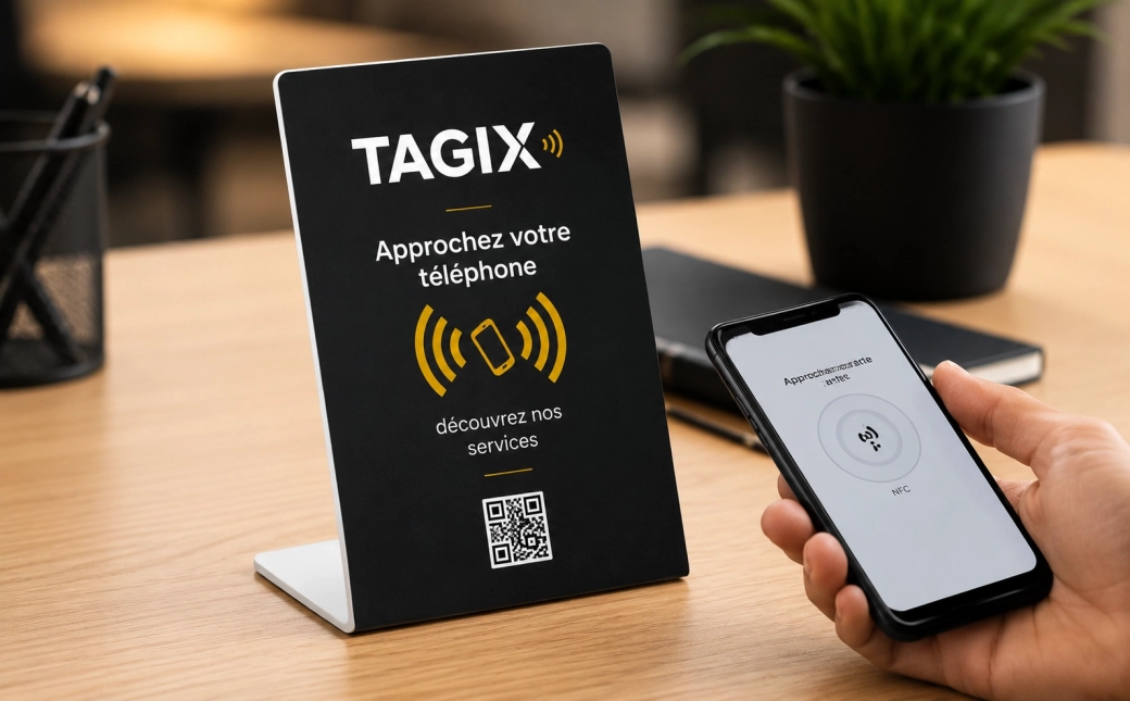 Chevalet NFC TAGIX noir avec QR code, présenté sur un comptoir d’accueil professionnel pour découvrir des expériences ou services