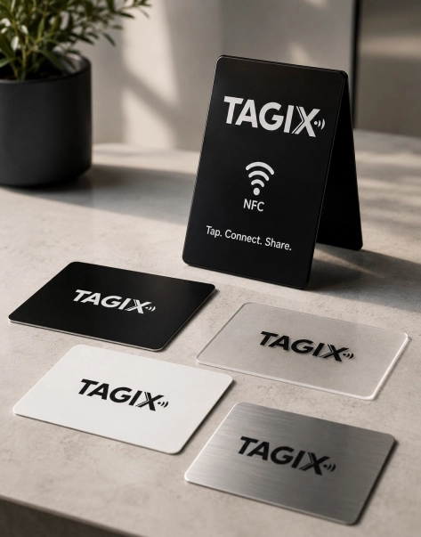 Chevalet NFC TAGIX noir présenté avec plusieurs cartes NFC noires, blanches, transparentes et métalliques.