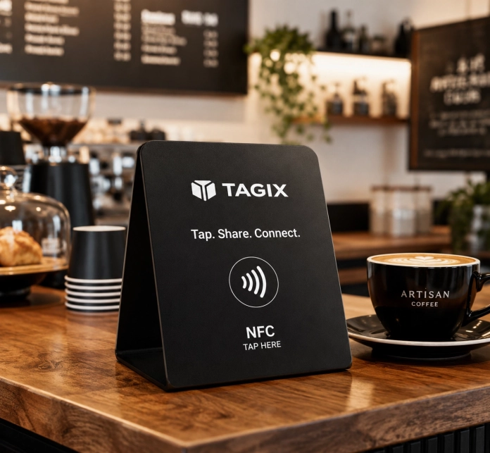 Chevalet NFC TAGIX noir posé sur le comptoir d’un café, à côté d’une tasse de cappuccino.