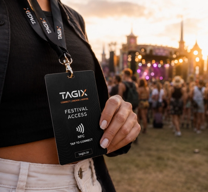 Badge NFC TAGIX porté par une participante lors d’un festival en plein air, avec accès sans contact aux services de l’événement.