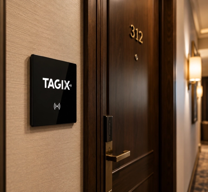 Plaque NFC TAGIX noire installée à l’entrée d’une chambre d’hôtel, à côté de la porte et du numéro de chambre.
