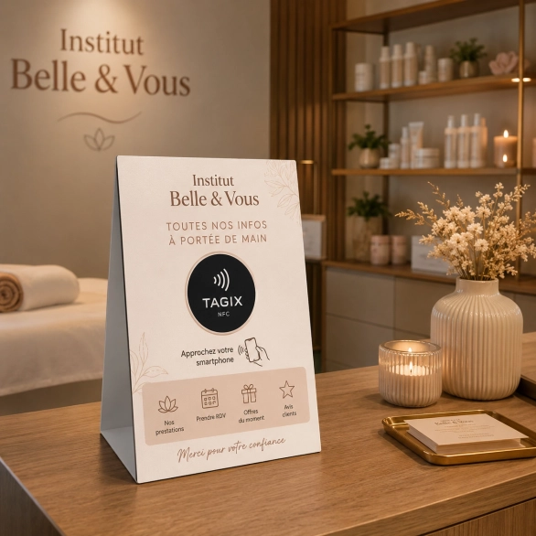 Chevalet NFC TAGIX posé à l’accueil d’un institut de beauté, donnant accès aux prestations, prises de rendez-vous, offres et avis clients.