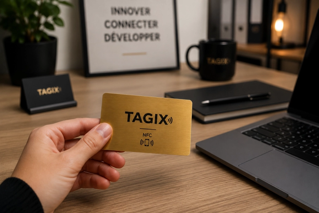 Carte NFC métal or TAGIX tenue à la main sur un bureau moderne avec ordinateur portable et accessoires professionnels.