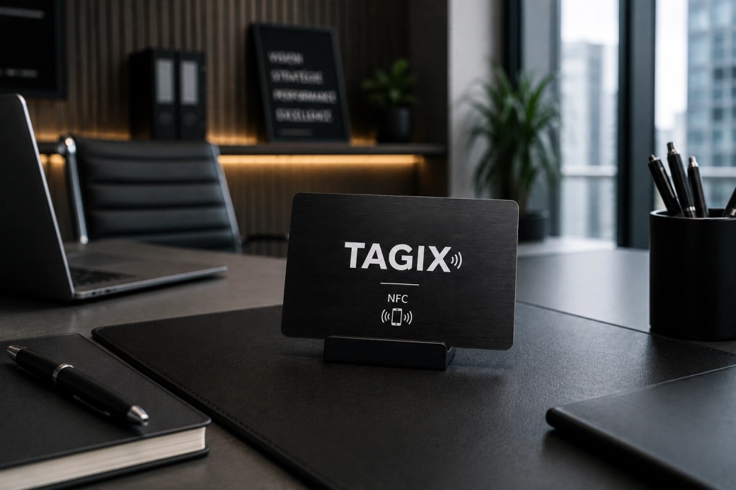 Carte NFC métal noir TAGIX tenue à la main sur un bureau moderne avec ordinateur portable et accessoires professionnels.