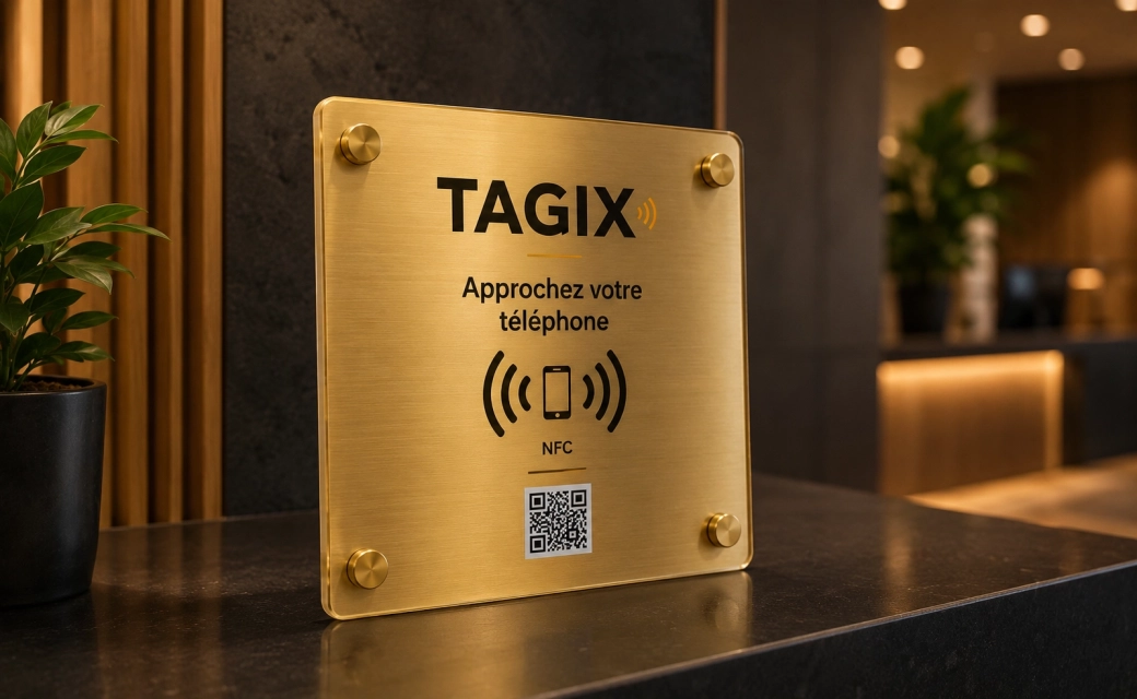 Plaque NFC TAGIX en finition or, posée sur un bureau premium avec QR code et instructions de scan sans contact