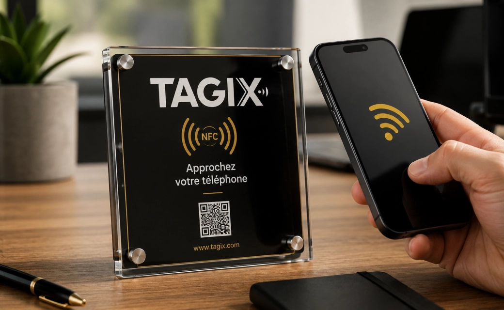 Plaque NFC en plexiglass TAGIX 120 x 120 mm fixée sur un mur, avec QR code et instructions de scan sans contact.