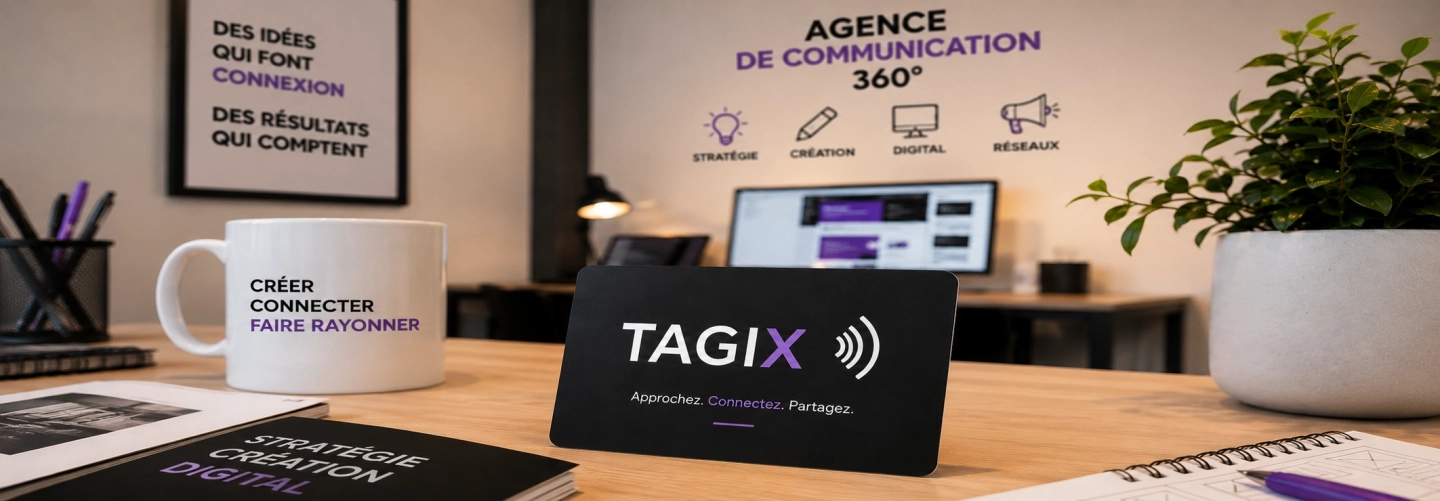 Carte NFC TAGIX posée sur un bureau d’agence de communication, dans un environnement créatif avec supports de stratégie, création et digital.