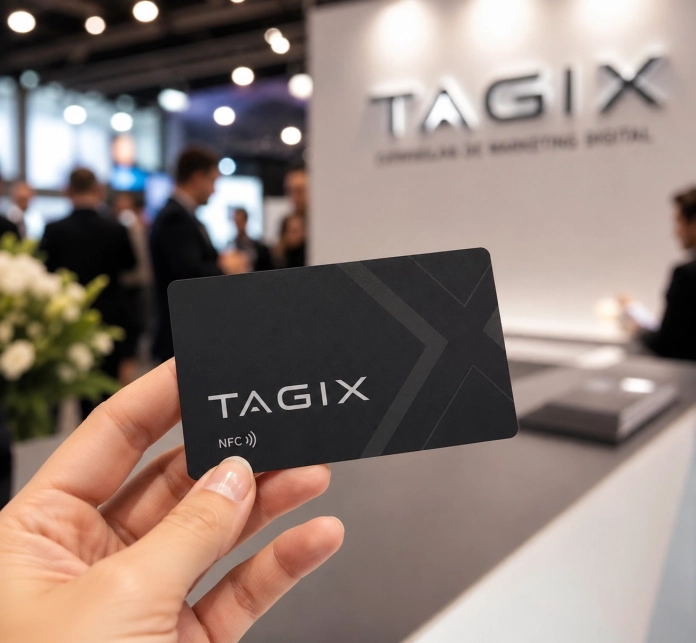 Carte NFC TAGIX tenue à la main sur un stand de salon professionnel, pour partager des informations avec les visiteurs.