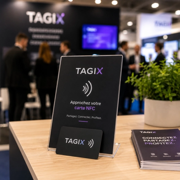 Carte NFC TAGIX posée bien en vue sur le comptoir d’un stand de salon professionnel, pour partager rapidement des informations avec les visiteurs.