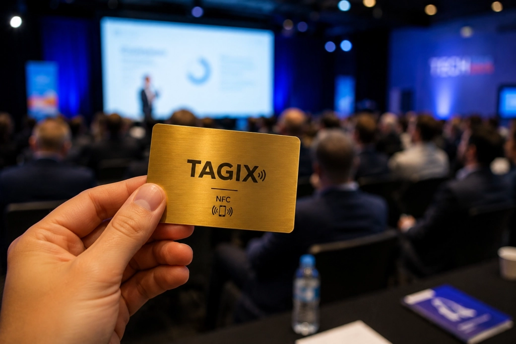 Carte NFC métal or TAGIX tenue à la main lors d’une conférence professionnelle devant une scène et un public.